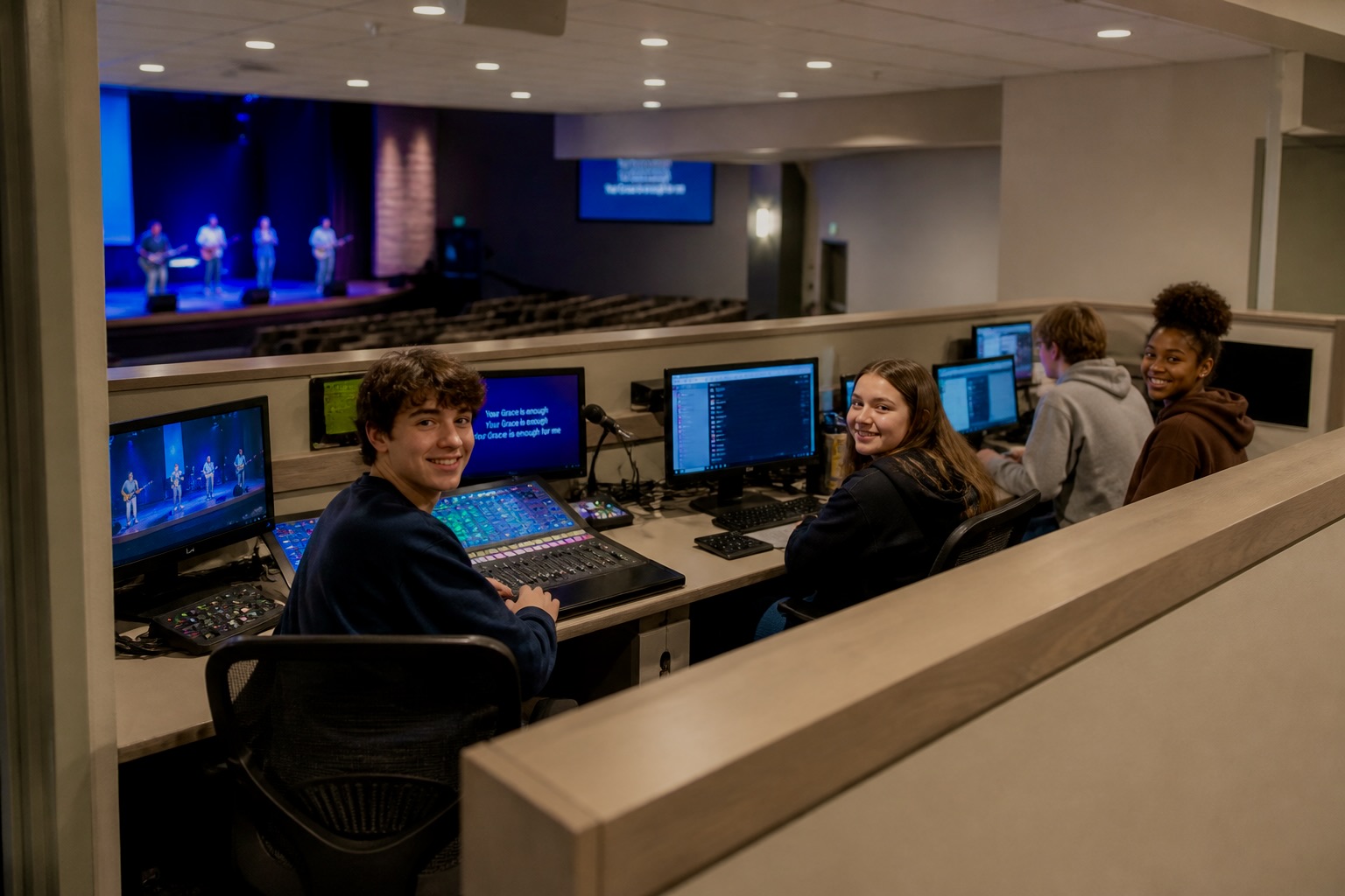 Youth in the Booth students serving in a church tech booth